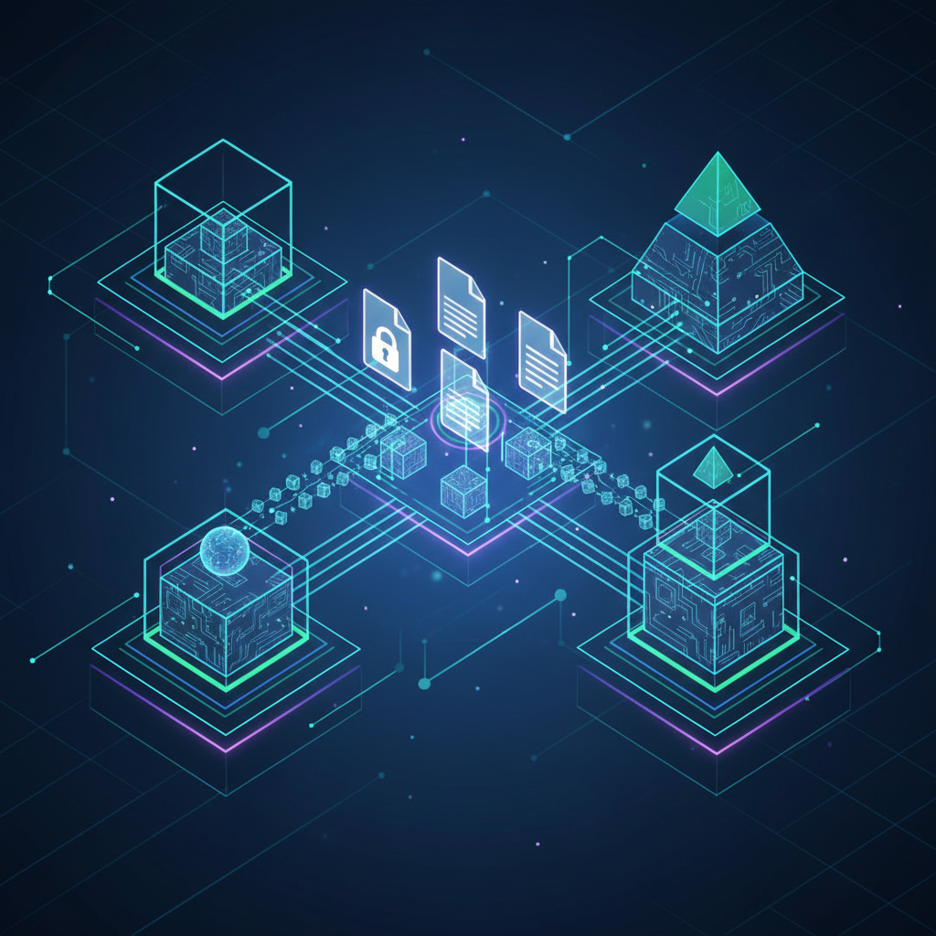 3D visualization of a computer software interface showing files being locked and packed into boxes, abstract secure data handling theme
