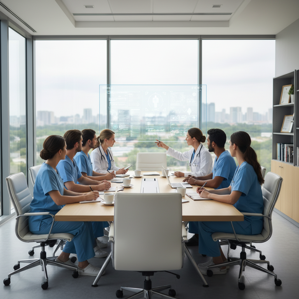 professional healthcare team planning meeting, clean bright hospital conference room, high quality, photorealistic