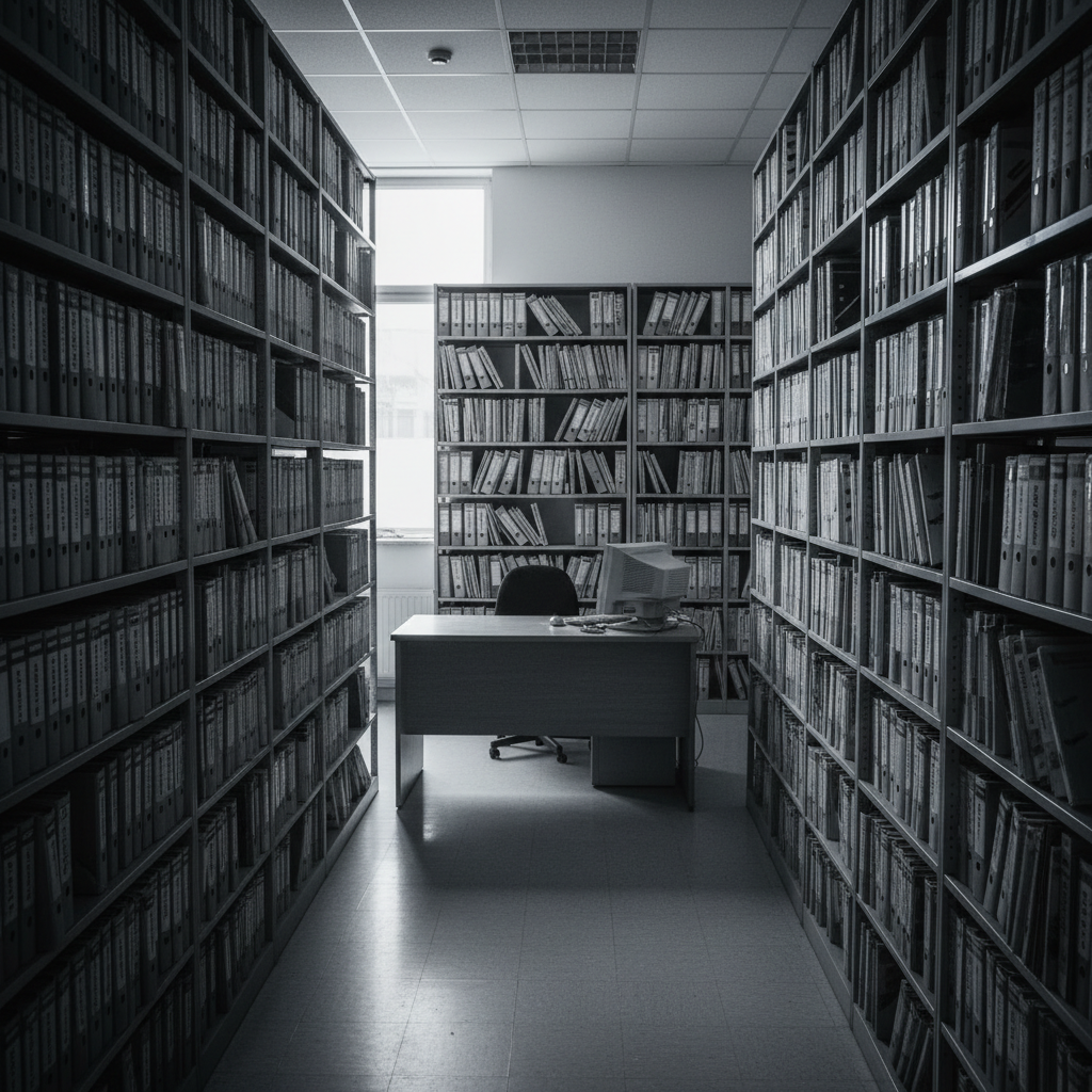 oppressive atmosphere, rows of gynecological medical files in a cold bureaucratic office, desaturated, dramatic lighting, cinematic style