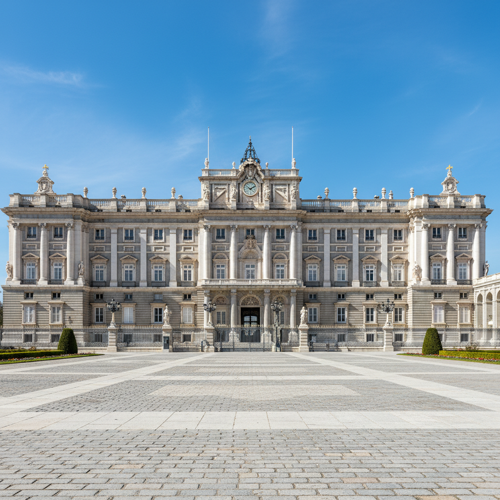 Majestic facade of the Royal Palace of Madrid (Palacio Real) against a blue sky, baroque architecture, grand scale, photorealistic