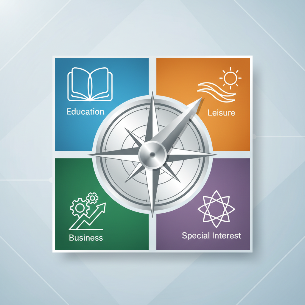 A modern and clean diagrammatic illustration showing a central compass pointing to Education, Leisure, Business, and Special Interest