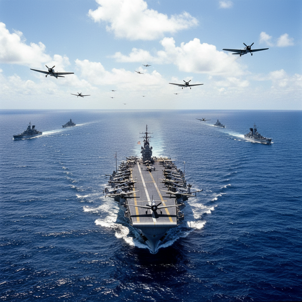 US Navy ships in the Pacific Ocean during WWII, aircraft carriers, planes taking off, blue ocean, clouds, cinematic action shot
