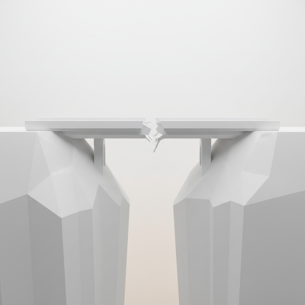 A minimalist 3D illustration of a bridge broken in the middle, separating two cliffs, clean white and grey background, soft lighting