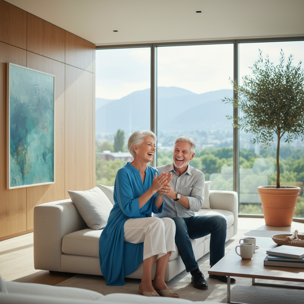 An active senior couple laughing in a beautiful, modern living space, conveying vitality and independence, bright and airy photography
