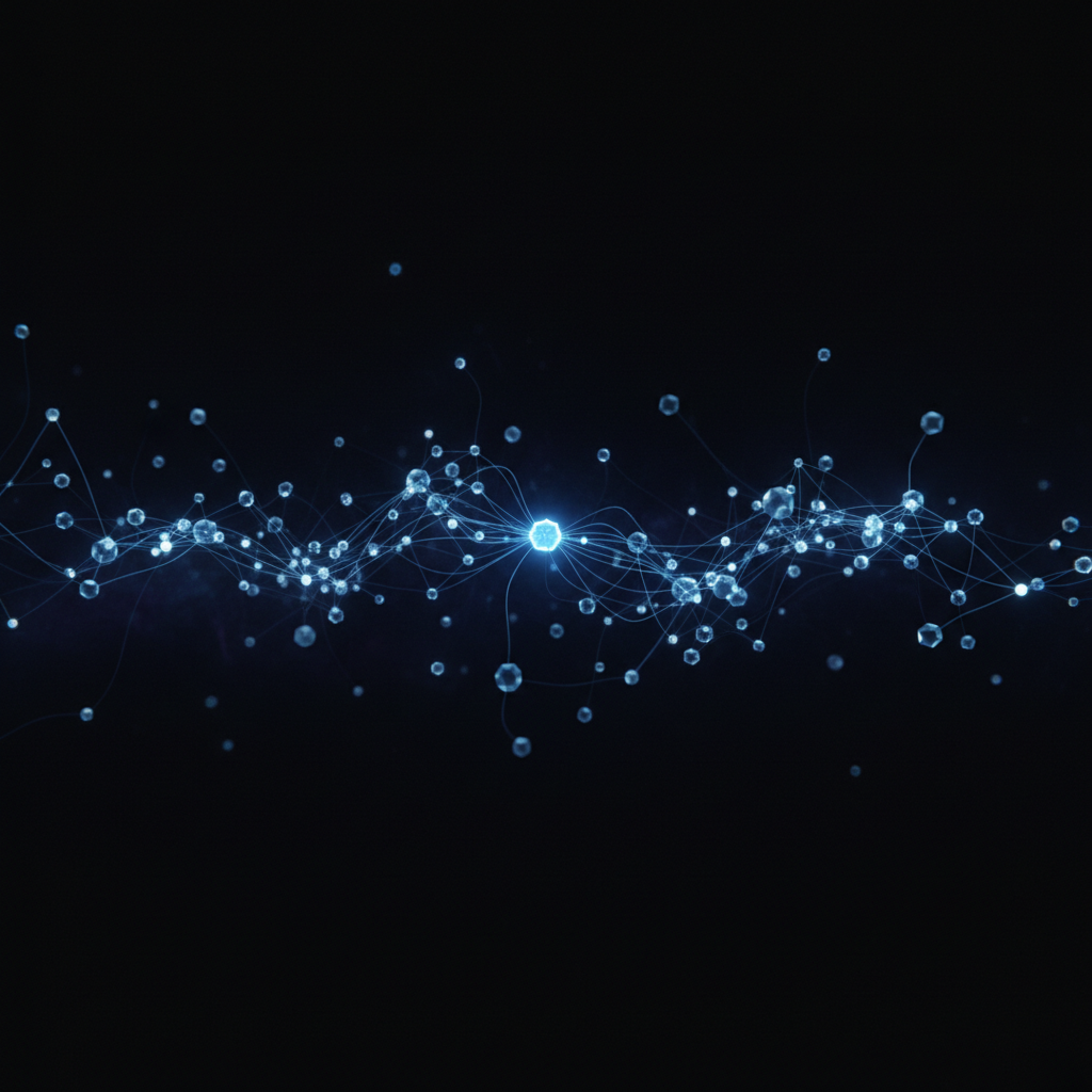 Cinematic wide shot of a solitary glowing blue digital learning node connecting to a scattered network in a dark void, symbolizing a startup ecosystem, 8k resolution, minimalist style