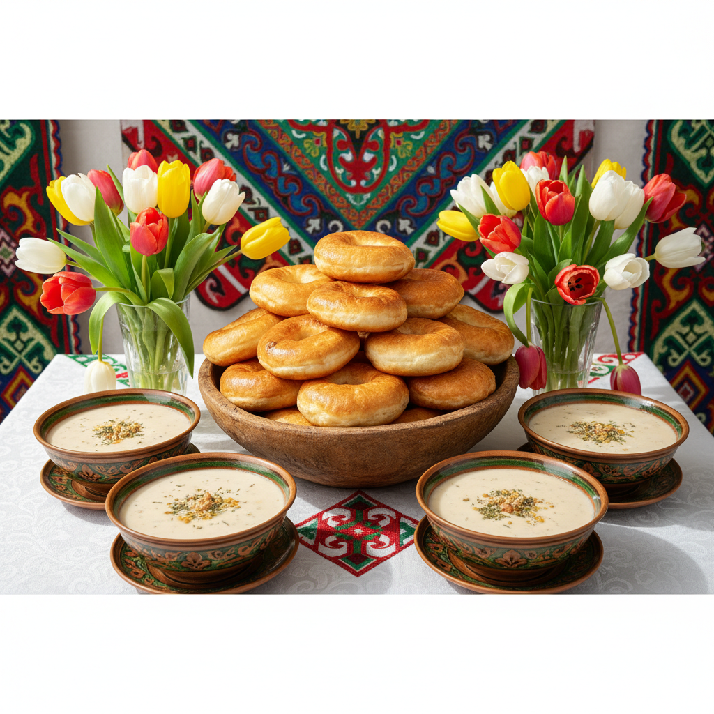 Festive table with Kazakh traditional food, baursaks heaped in a wooden bowl, nauryz kozhe, spring tulips, ethnic ornaments background, bright lighting