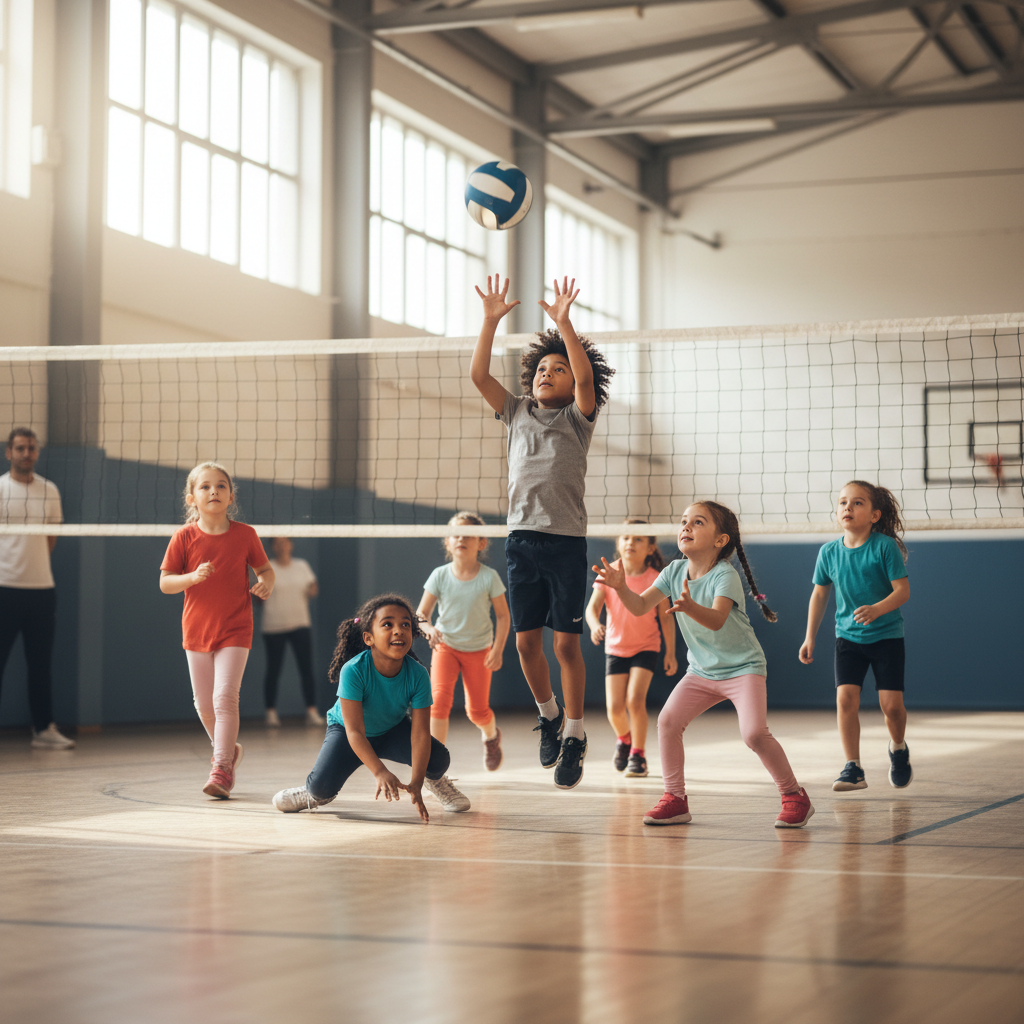A group of young children playing volleyball in a bright gymnasium, focusing on the ball, dynamic movement, soft lighting
