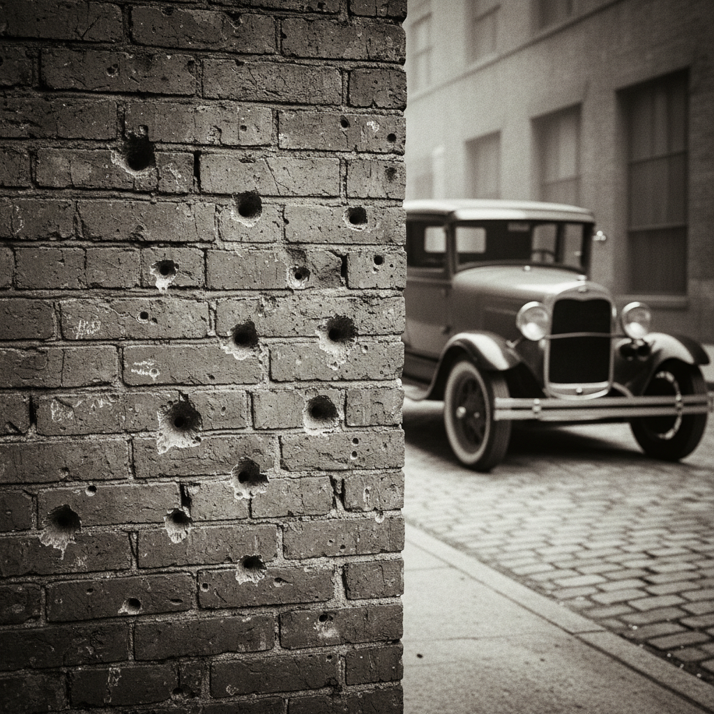 Black and white photo style of a brick wall with bullet holes, 1920s vintage car in background