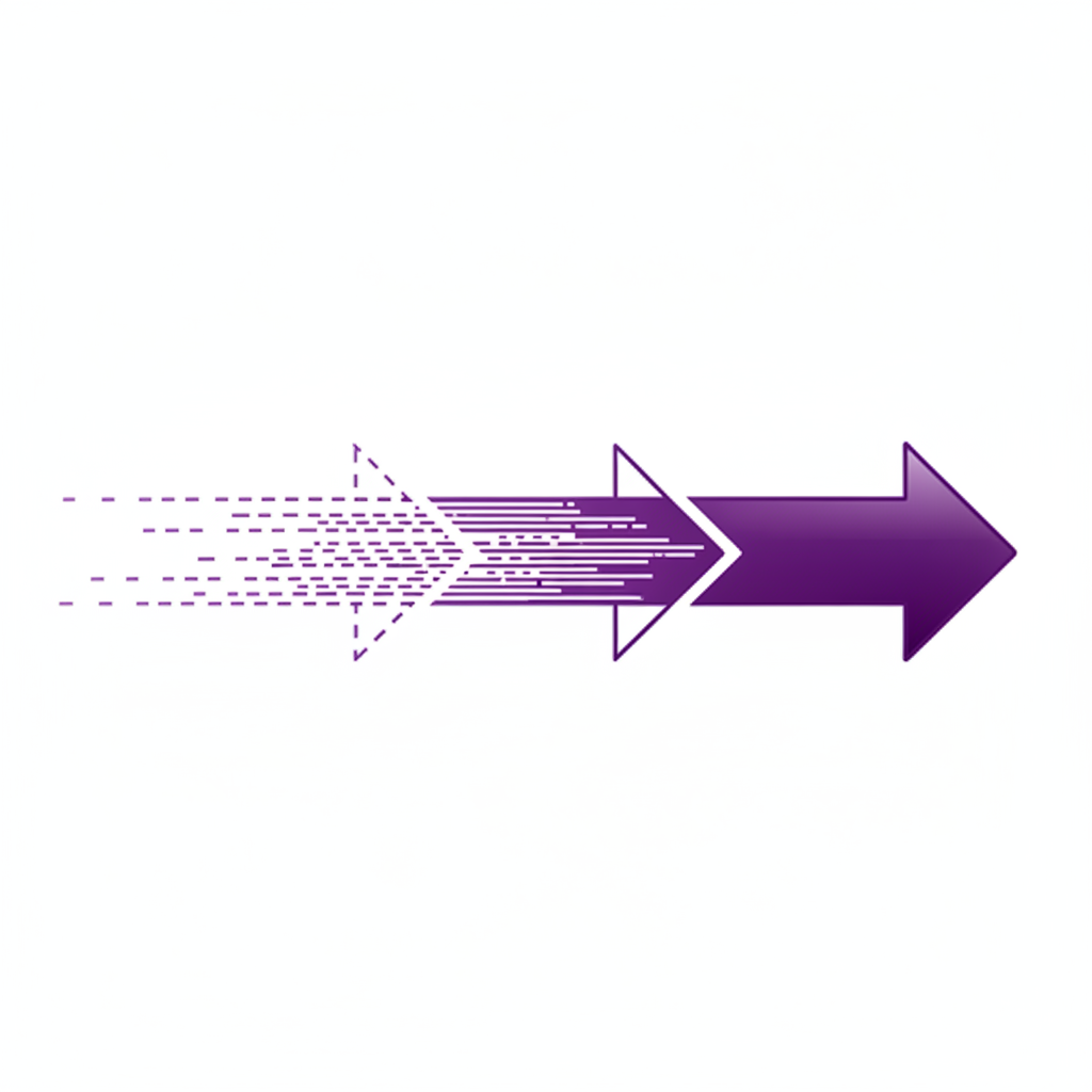Minimalist graphic of an arrow evolving from a dashed outline to a solid sleek structure, indicating maturity and solidification, white background, purple accent