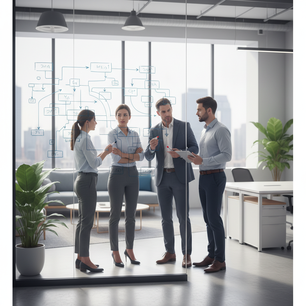 Business professionals meeting around a whiteboard discussing strategy, agile concept, bright and clean office