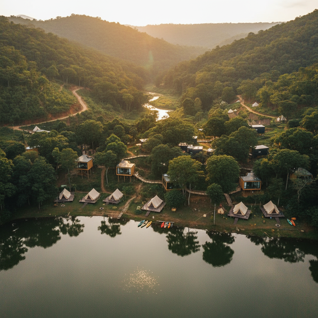 Aerial view of adventure resort in Dandeli Western Ghats, including office pods and lakeside camping tents, lush green jungle, lake visible, warm sunlight, photorealistic, 8k