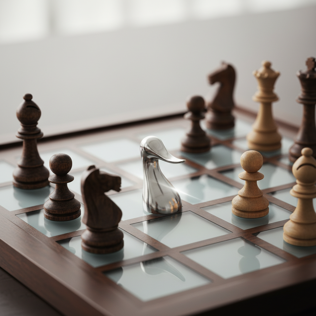 Chess board metaphor showing a modern unique piece outmaneuvering traditional pieces, sleek design