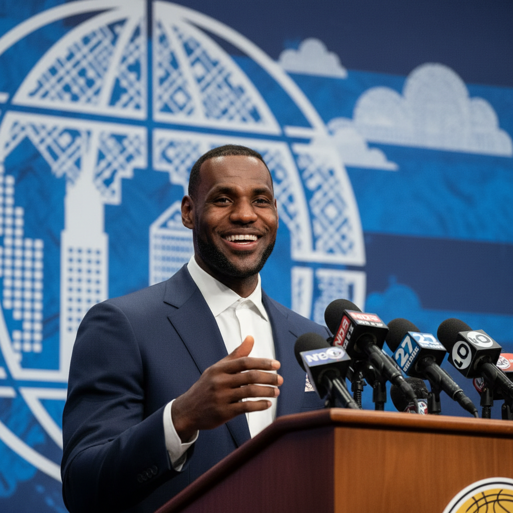 LeBron James smiling during a press conference discussing China, microphones in foreground