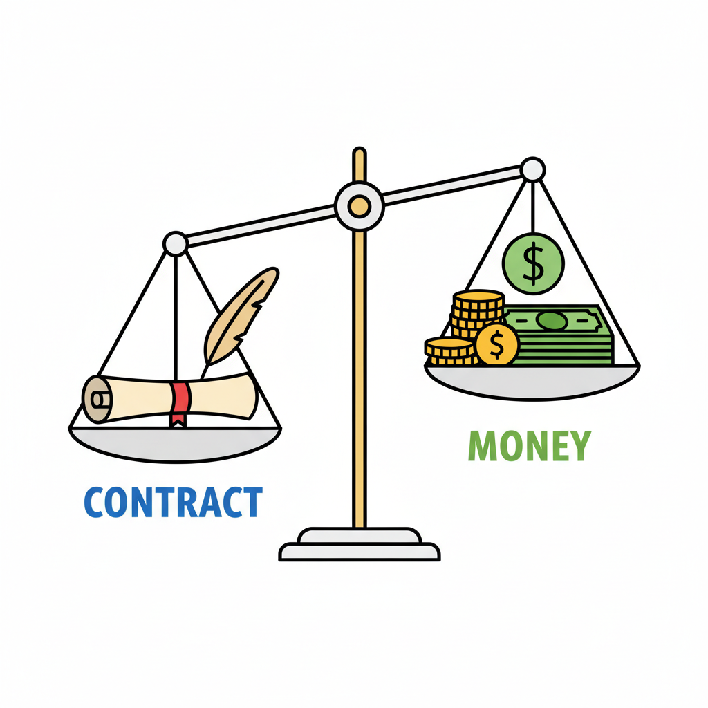 An illustration of a balance scale with a contract on one side and money on the other, flat vector style, white background