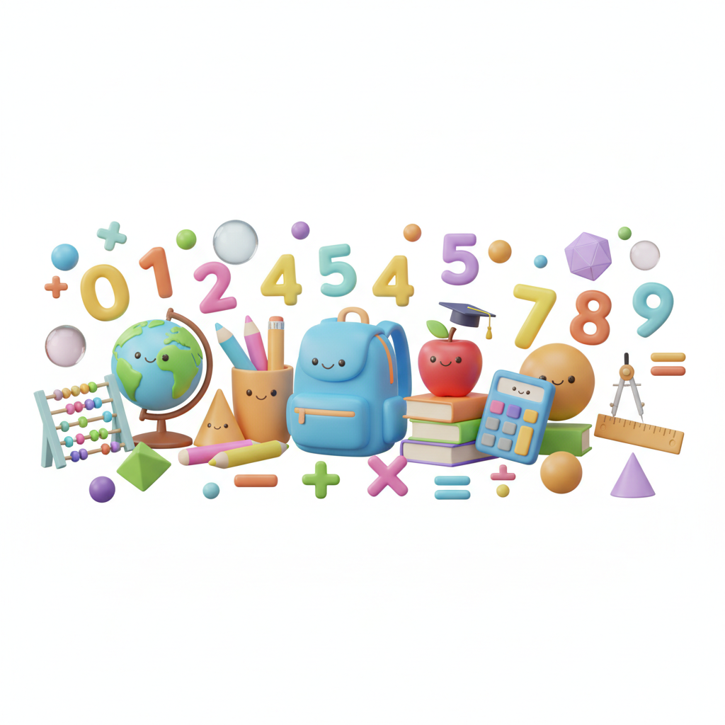 bright colorful mathematics background with school supplies, numbers, and geometric shapes, cartoon style, educational concepts, clean 3d render