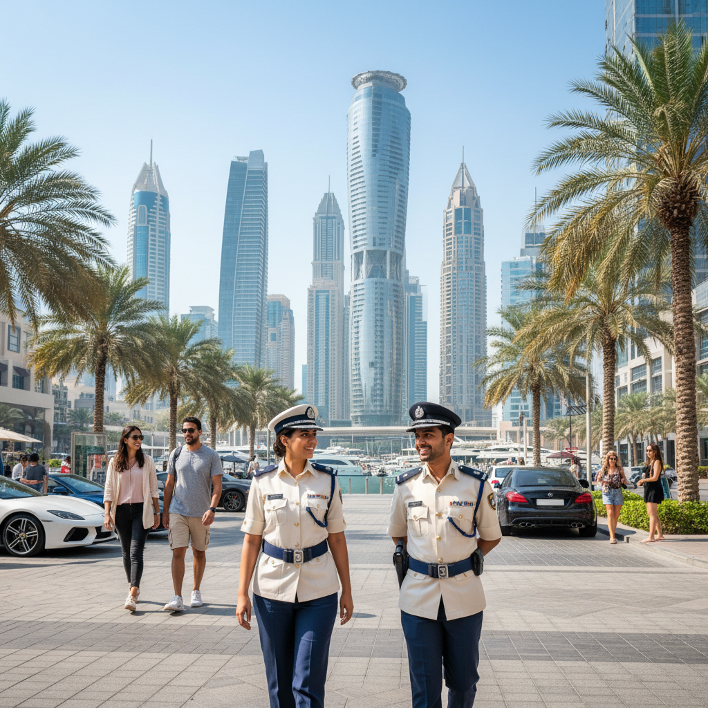 Dubai Police officers patrolling in a modern luxury area, professional uniform, friendly demeanor, sunny day