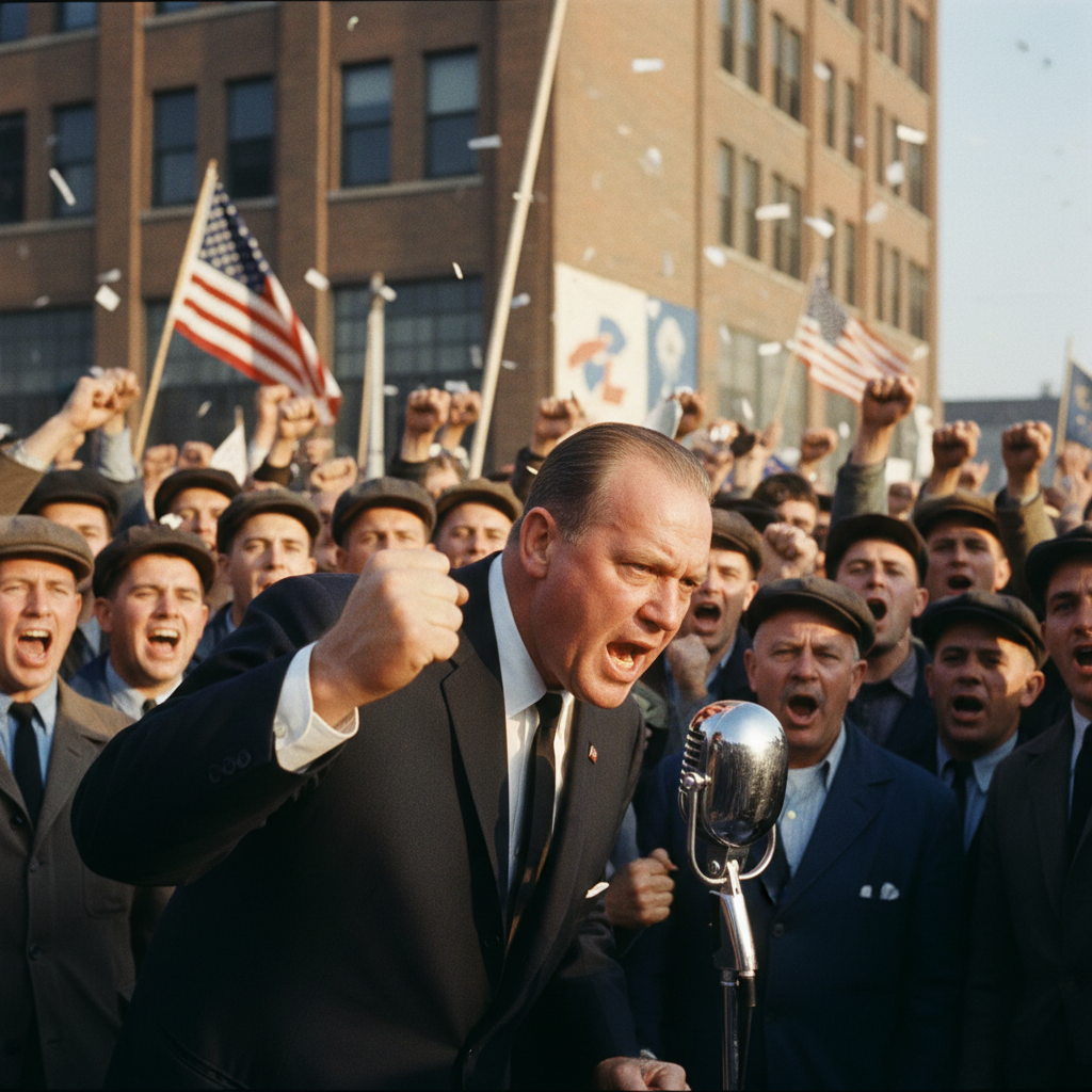 Jimmy Hoffa shouting at a union rally, 1960s style, vintage microphone