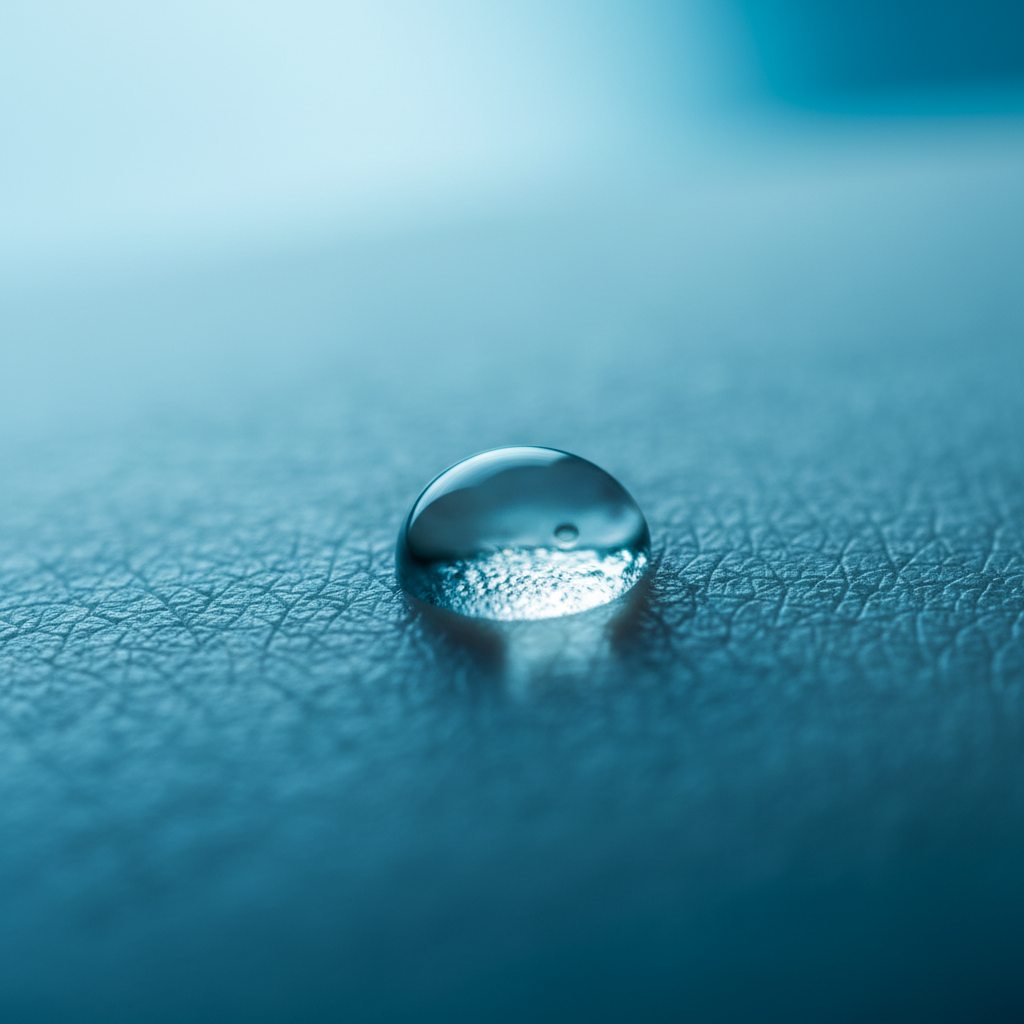 close up of water droplet on clean skin texture, hydrated, blue tones, fresh, macro photography