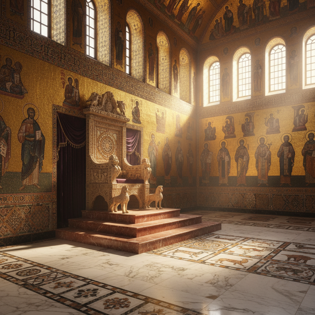 Cinematic photorealistic reconstruction of a Byzantine palace throne room, sunlight streaming through high arched windows, golden mosaics on walls, marble floor, a heavy wooden throne with ivory inlays in the center, atmospheric lighting, 8k resolution