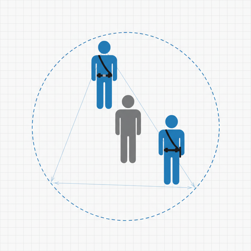 Top-down diagram style illustration showing positional tactics of two police officers interviewing a subject, triangular formation, schematic tactical view