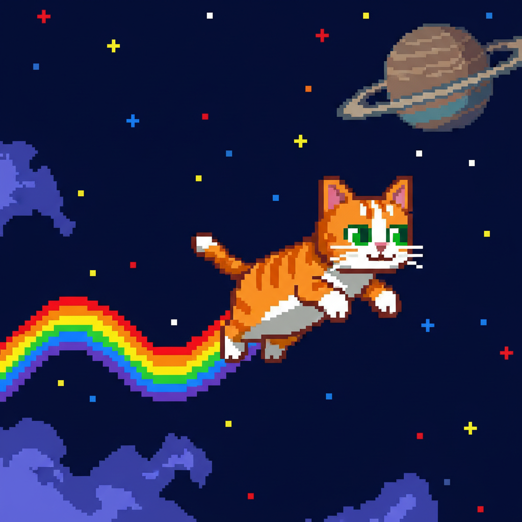 A pixel art cat flying through space leaving a rainbow trail, retro 8-bit style