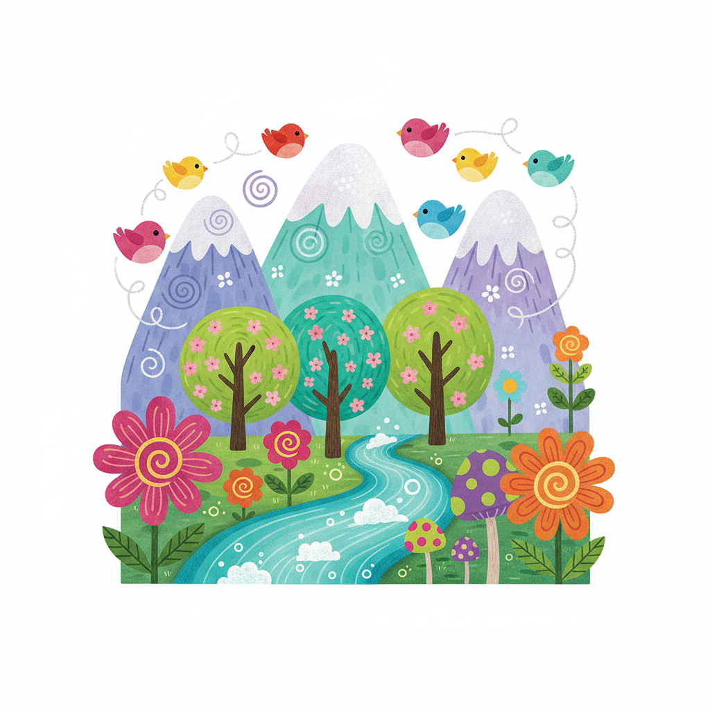 collage of nature elements, trees, mountains, rivers, birds, and flowers, cute illustration style, bright colors, white background