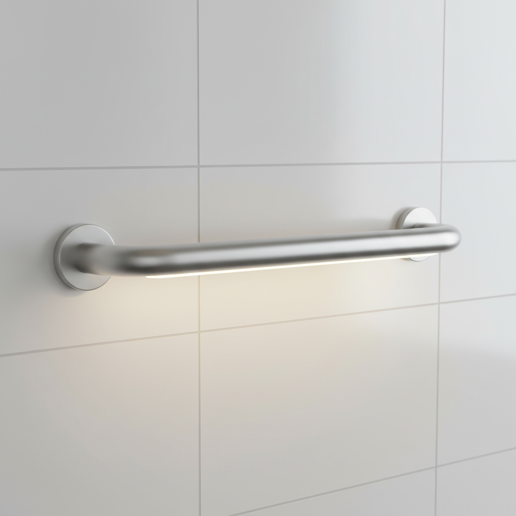 Close up product shot of a sleek, matte silver aluminum L-shaped safety bar for bathrooms, featuring a soft glowing LED strip underneath, mounted on a white tile wall, minimalist design, high quality rendering