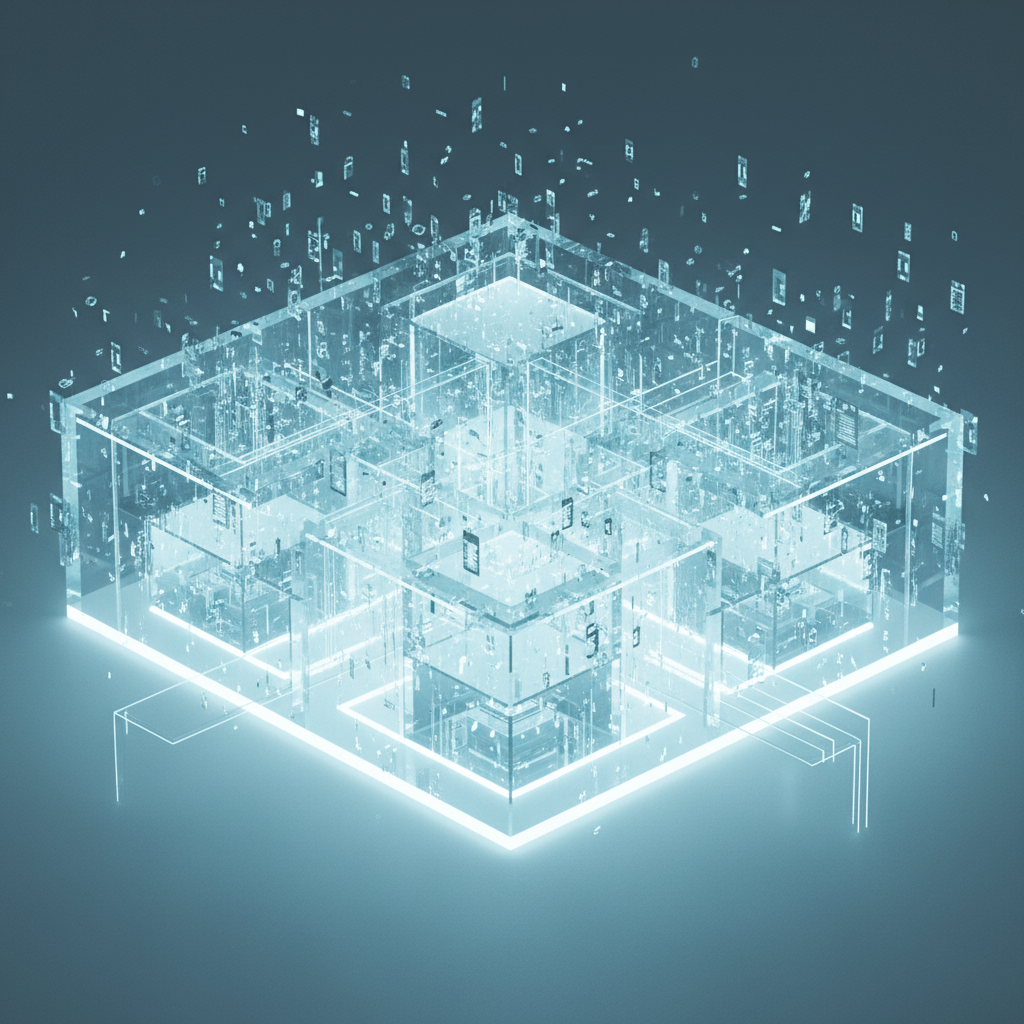 3D render of a glowing digital library with floating files, organized structure, cyan and white lighting