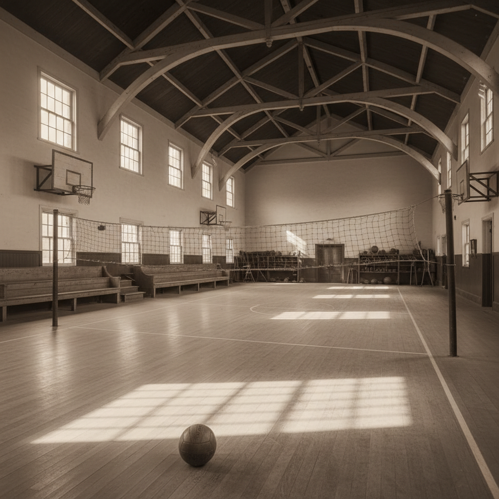 Old gymnasium 1895 style, vintage tint, volleyball net, leather ball, historic atmosphere, no people