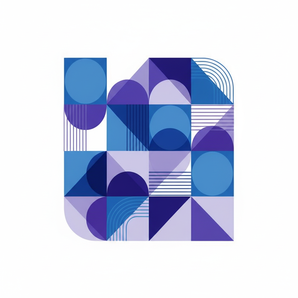Abstract minimalist representation of order and organization, clear organized geometric shapes in blue and purple on white, symbolizing efficiency and calm
