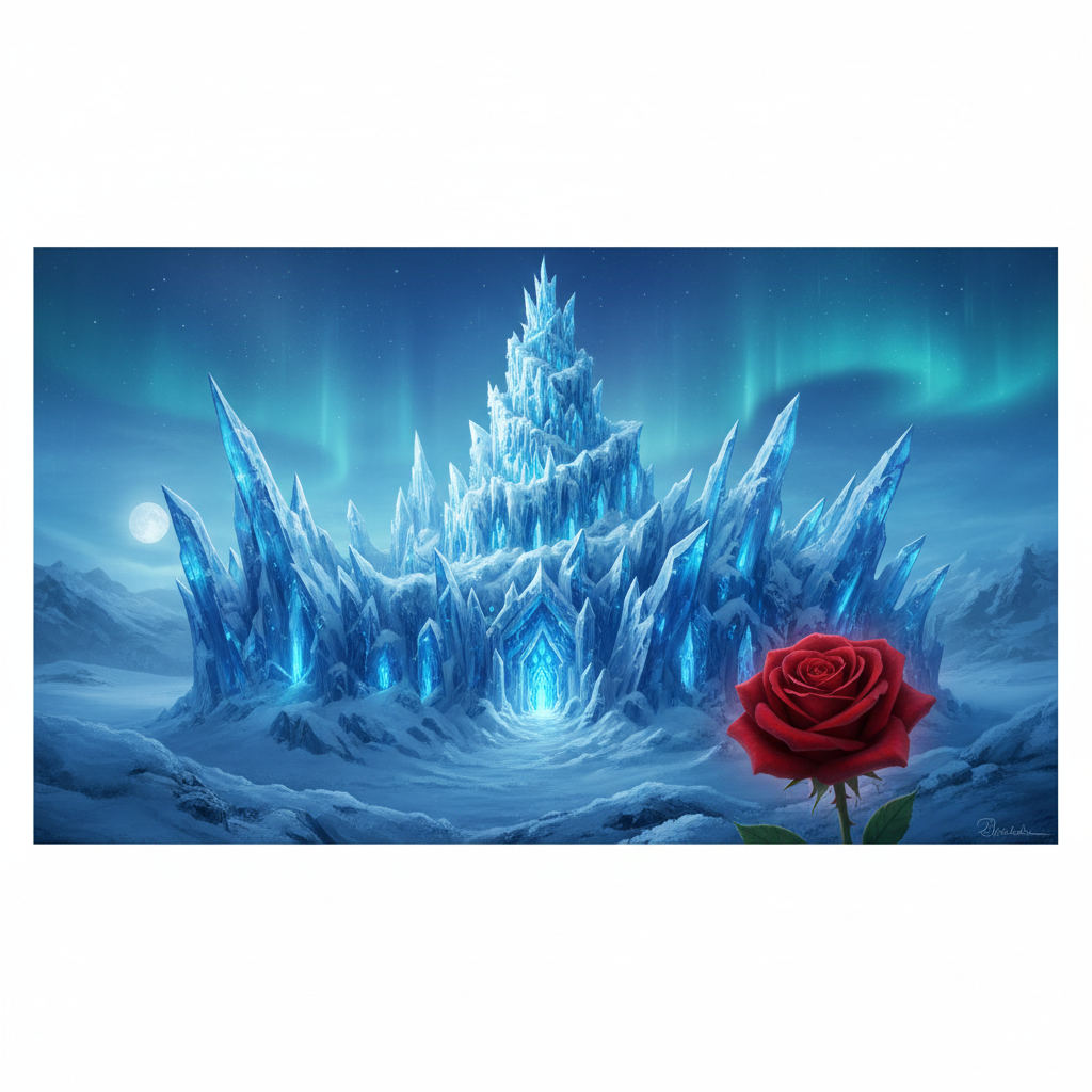 The Snow Queen's ice palace, sharp shards of ice, cold blue tones, contrasting with a warm red rose in the foreground