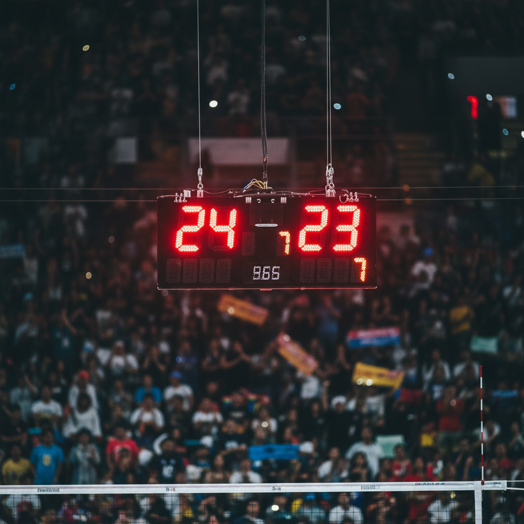 Volleyball scoreboard displaying score 24-23, intense atmosphere, focus on the electronic digits, blurred crowd