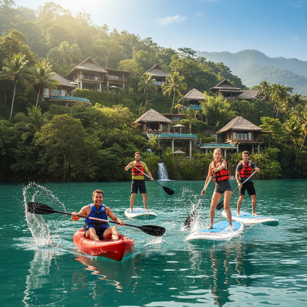 action shot of adventure sports on a serene lake, kayaking, paddleboarding, water splashing, happy people, sunny day, lush jungle resort in the background, photorealistic, 8k