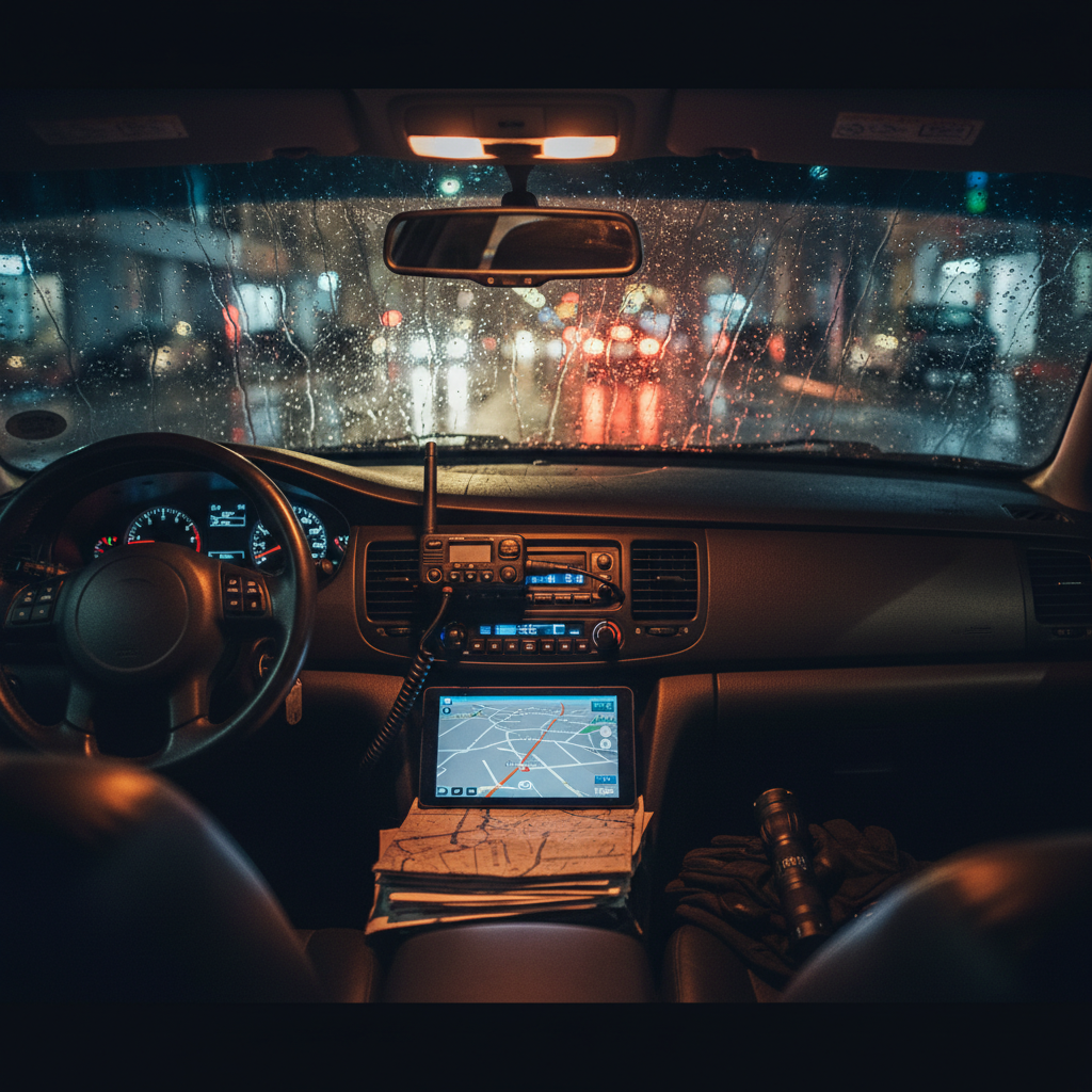 An undercover police car dashboard with radio and maps, rainy night outside, moody photography