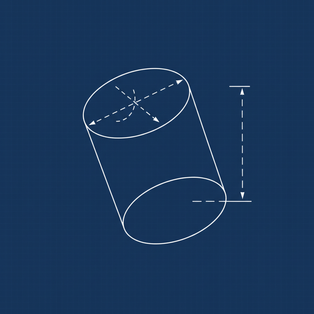 A clean, technical blueprint style render of a cylinder, showing dimension lines for radius and height, white lines on blueprint blue background