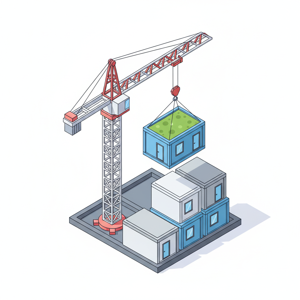 Isometric illustration of a building crane lifting a modular house section, white background, clean vector style