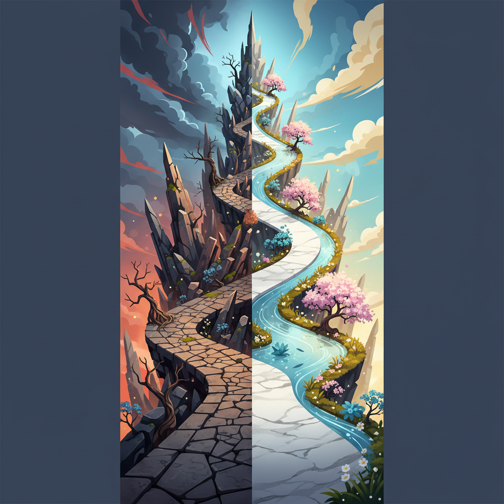 A conceptual illustration of a single path splitting into two distinct terrains, one rocky and one smooth, symbolizing divergent developmental outcomes based on environment. High contrast, professional style.