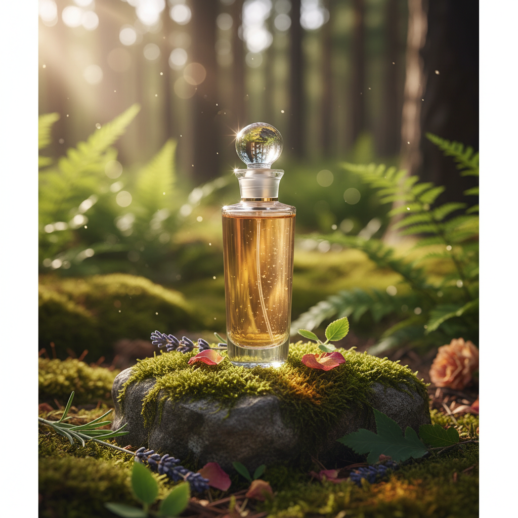 Cinematic shot of elegant glass perfume bottle sitting on a mossy stone in a forest, soft dappled sunlight, premium product photography, natural ingredients background, bokeh