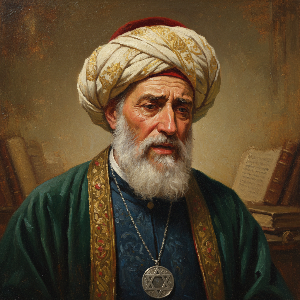 portrait of a Sephardic Rabbi from 19th century middle east, dignified, sorrowful expression, traditional attire, turban, oil painting style