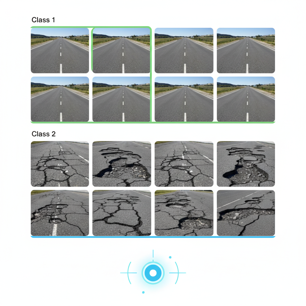 Screenshot illustration of Google Teachable Machine interface, clearly showing 'Class 1: Good Road' with thumbnails of smooth roads and 'Class 2: Pothole' with thumbnails of damaged roads, training button active