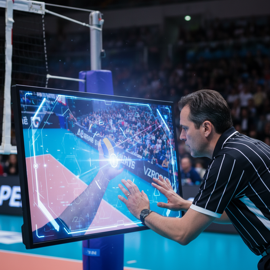 Close up of a video challenge monitor screen in volleyball, referee looking at replay, digital interface overlay, high tech sports environment