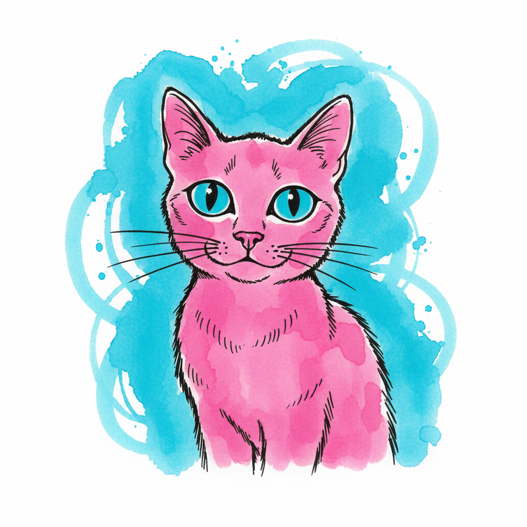 A cat illustration in the specific style of early Andy Warhol, blotted ink line drawing with bright watercolor wash fills in pink and blue