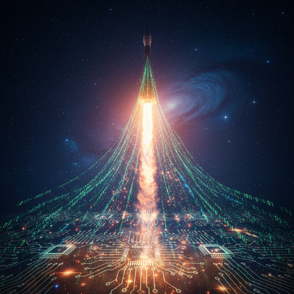 A rocket launching into space leaving a trail of fire, superimposed with digital binary code and circuit board patterns representing IT growth