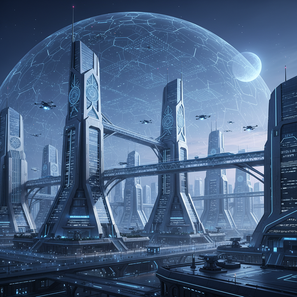 Futuristic indian city skyline at twilight with blue tint overlay, professional corporate aesthetic, high quality security infrastructure concept