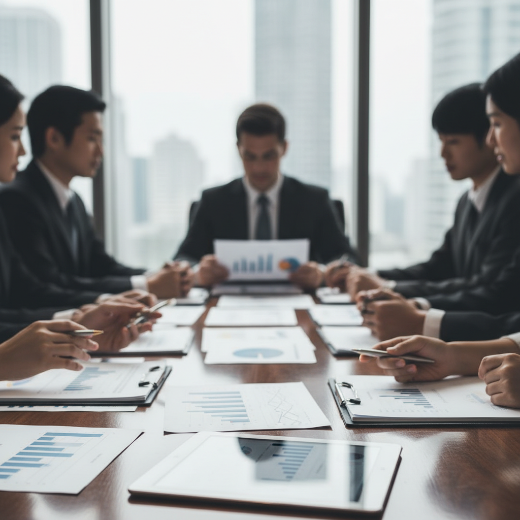 Boardroom meeting, blurred faces, focus on documents and charts, serious and professional atmosphere