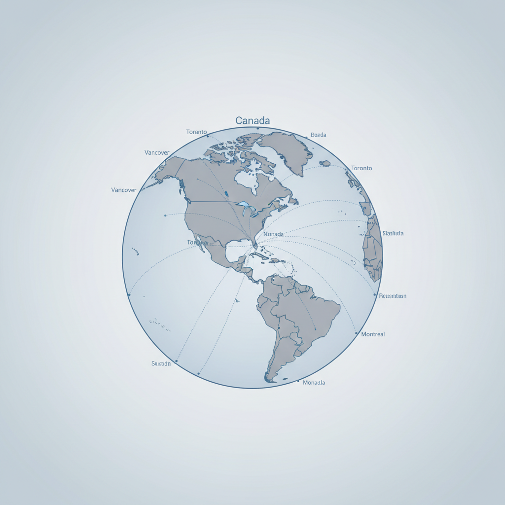 Minimalist illustration of a globe with trade routes connecting to Canada, blue and grey color scheme