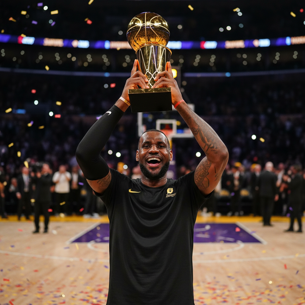 LeBron James holding a basketball trophy, triumphant expression