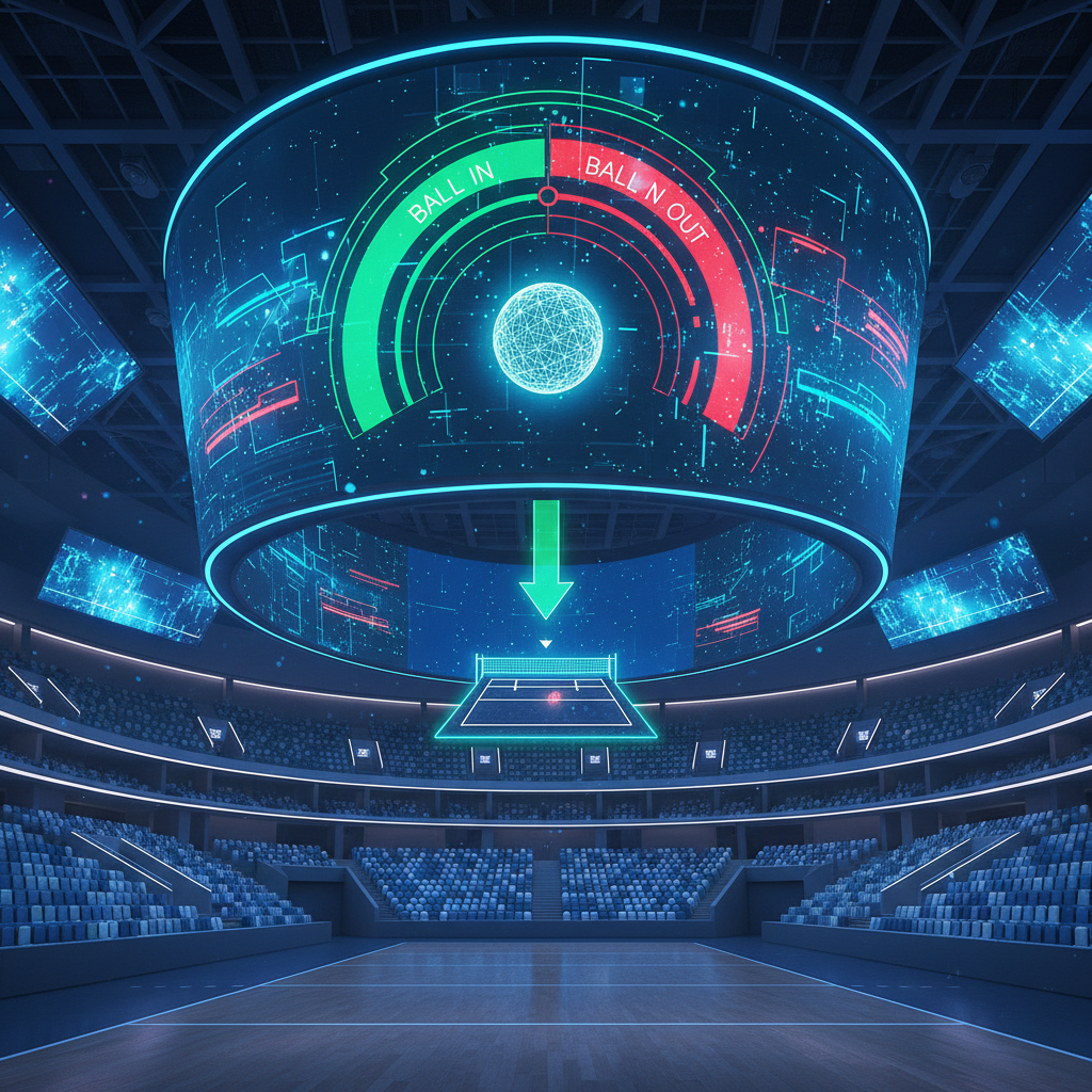 Large screen in a volleyball arena showing a 'Ball In/Out' replay graphic, modern technological setting, LED screens