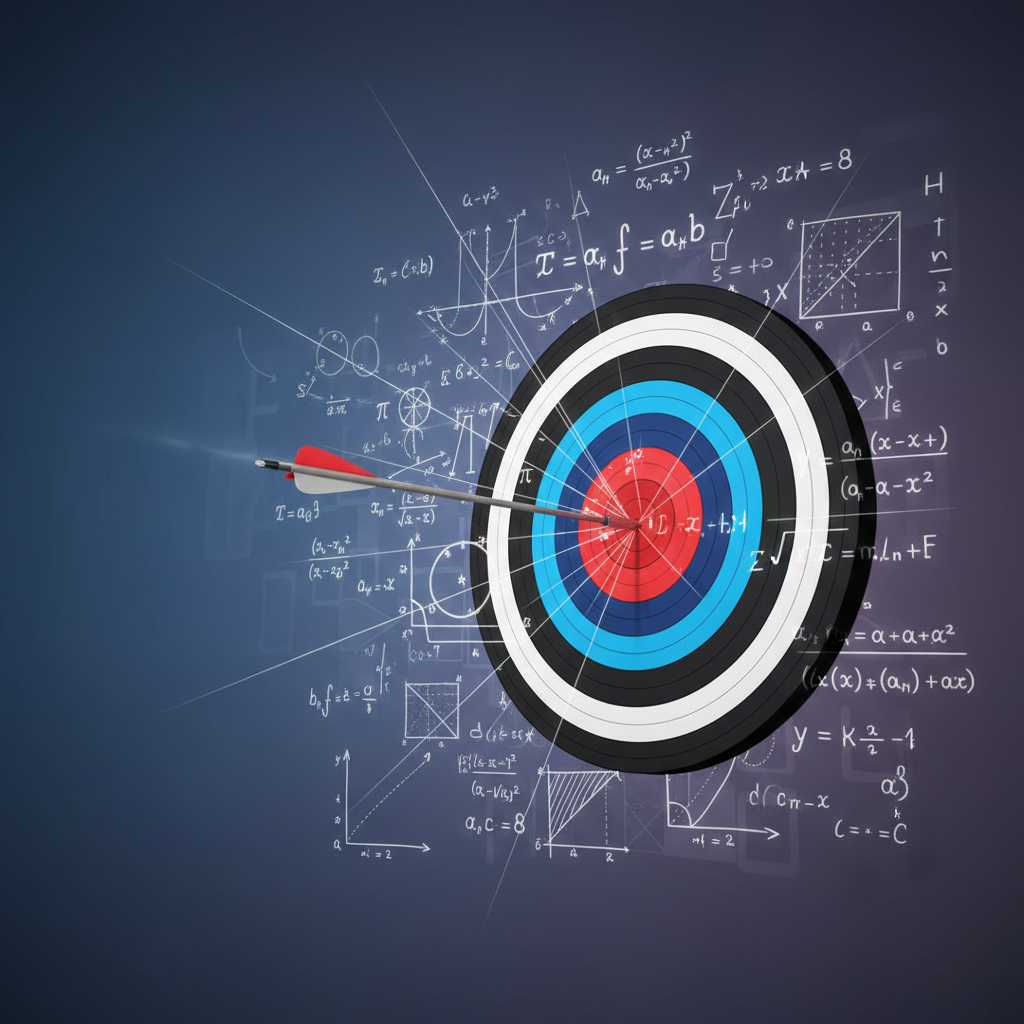 Concept image of a target with an arrow hitting the bullseye, with mathematical formulas in the background, symbolizing achieving goals