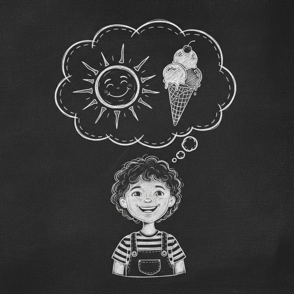 Illustration of a child with a giant thought bubble above their head showing a happy sun and ice cream, chalkboard sketch style